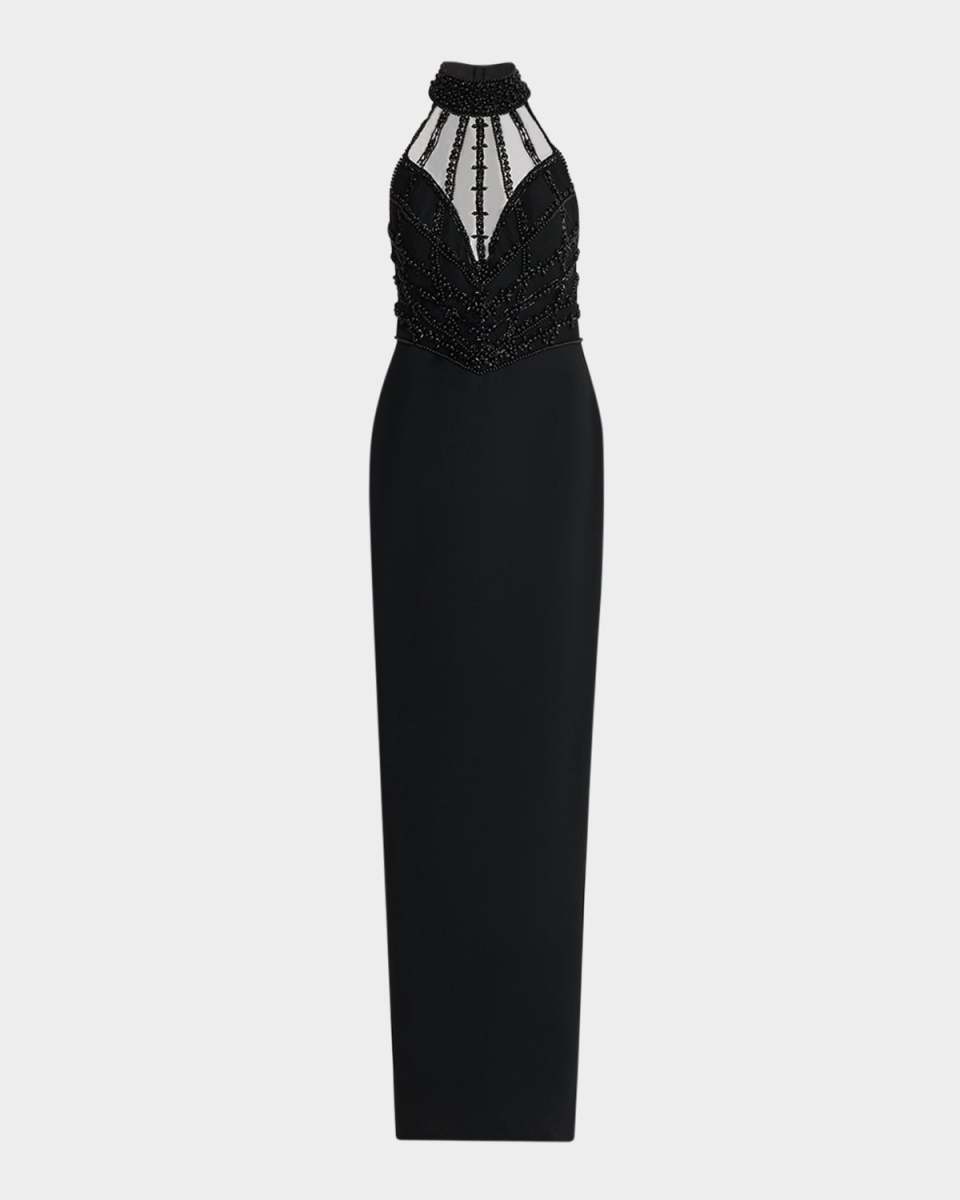 Embroidered Crepe Halter Illusion Gown